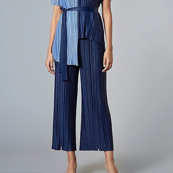 PLEATED capris navy blue belt pants short - Picture 1 of 12